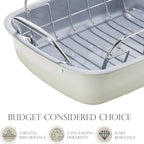 KITESSENSU Nonstick Turkey Roasting Pan with Rack 17 x 14 inch - Large Chicken Roaster Pan for Oven - Wider Handles & Heavy Duty Construction - Suitable for 24lb Turkey, Cream