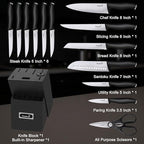 Kuisine Chef Knife Set,High Carbon Stainless Steel Ultra Sharp Blade Ergonomic Handle,Kitchen Knife Block Set with Built-in Sharpener,Elegant Gift for Holiday(Silver Black,15PCS)