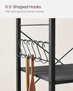 VASAGLE Kitchen Shelf on Wheels, Serving Cart with 3 Shelves, Kitchen Cart, Microwave Shelf, for Mini Oven, Toaster, with 6 Hooks, Industrial Stylee, Ebonized Oak Finish and Black UKKS060B42