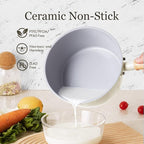 ROCKURWOK Ceramic Nonstick Sauce Pan with Lid, 2 Quart Cooking Pot, Small Saucepan with Steamer, PTFE & PFAS-Free, Wooden Handle for Cool Touch, Universal Base(Gas, Electric & Induction), White