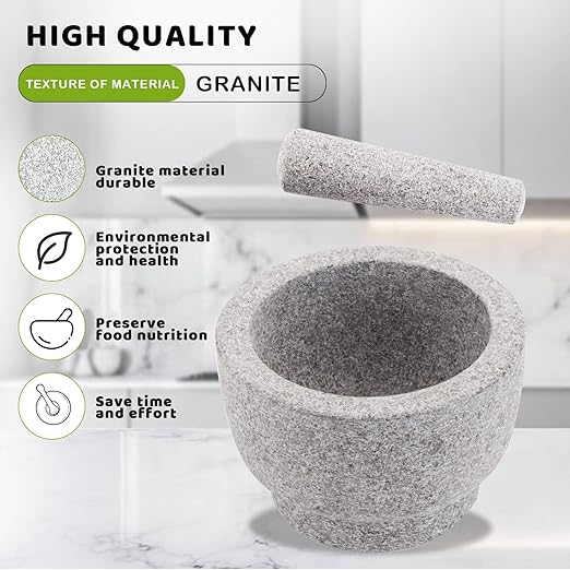 Mortar and Pestle Set,Heavy Duty,Unpolished Granite,6 Inch-2Cup Capacity,Grinder for Spices and Seeds,Grinding,Crushing and Mashing Spices,Nuts,for Guacamole,Garlic Sauce,Gray.