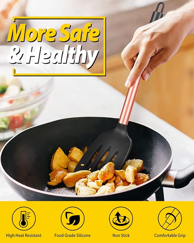 Pack of 2 Silicone Solid Turner, Non Stick Slotted Kitchen Spatulas, High Heat Resistant BPA Free Cooking Utensils, Ideal Cookware for Fish, Eggs, Pancakes(Rose Gold Black)