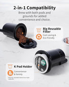 Hot & Iced Coffee Maker with Bold Setting, Single Serve Coffee Maker for K Cup and Grounds, 6-14 Oz Brew Sizes, 50 Oz Removable Water Tank, One Cup Coffee Machine with Reusable Filter, Black