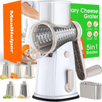5 Blade Rotary Cheese Grater and Vegetable Chopper with Storage Box and Hand Crank, Compact Shredder for Cheeses, Veggies, Nuts - Easy to Use, Non-slip Suction Base,White