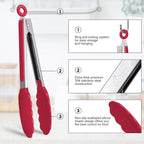 HOTEC Premium Stainless Steel Locking Kitchen Tongs with Silicon Tips, Set of 3-7", 9" and 12" (Red)