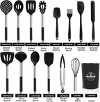 KSENDALO Silicone Cooking Utensils Set of 26, Heat Resistant Kitchen Utensils Set of Spatulas, Spoons, Whisk, Tong, Non Toxic Black Kitchen Tool Set with Holder for Nonstick Cookware, Dishwasher Safe