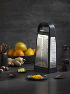 Microplane Elite Five Blade Box Grater with Measuring Cup Base, Five Grating Surfaces Including Fine, Coarse, Double-Sided Ribbon, Ultra-Coarse, and Slicer - Black