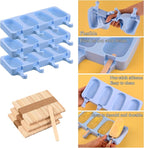 Sakolla Large Silicone Popsicle Molds Set of 3, Oval 4 Cavities Homemade Ice Pop Molds with 150 Wooden Sticks for Ice Cream, Cakesicles, Cake Pop (Blue)