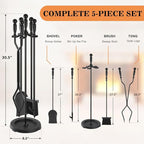 Gtongoko Fireplace Tools Set 5 Pcs 30.5 Inch Black Wrought Iron Large Fire Place Tool Set Indoor/Outdoor Include Poker, Shovel, Brush, Tong and Round Stand, Fireplace Kit Accessories Set