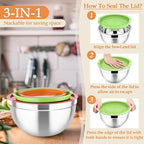 TeamFar Mixing Bowls, Stainless Steel Nesting Salad Bowls with Lids Set & 3 Grater Attachments, For Mixing/Serving/Storing, Non-toxic & Long-lasting, Size 4.6/3 / 1.5 QT, Colorful