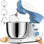 Stand Mixer, POWWA 6.5 QT 10 Speeds Tilt-Head Electric Stand Mixer, 3-In-1 Kitchen Mixer with Bowl, Dough Hook, Whisk and Beater, Food Mixer for Baking and Daily Use (White Blue)