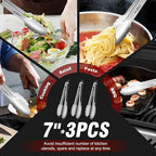Walfos Kitchen Small Tongs - 7 inch Heavy Duty Mini Food Tongs, Stainless Steel and Non-Slip Heat Resistant Handle - Great for Cooking, Salad, Grilling and Barbecue，3 Piece
