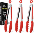 Hotec Mini Silicone Kitchen Tongs for Cooking - 7-Inch Small Serving Tongs with Silicone Tips, Set of 3 (Red)