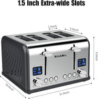 Toaster 4 Slice, Bagel Stainless Toaster with LCD Timer, Extra Wide Slots, Dual Screen, Removal Crumb Tray (Gray)