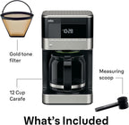 Braun BrewSense 12 Cup Drip Coffee Maker - Pause & Pour Mid Brew, Coffee Machine with 24-Hour Timer & Clock, Bold & Regular Strength, 1-4 Cup Functions, Self Clean, Auto Shutoff, Stainless Steel