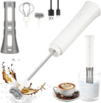 Milk Frother Wand for Coffee, Silent Coffee Foamer Drink Mixer,Handheld Frother Rechargeable Electric Whisk with 2 Heads 3 Speeds for Latte, Cappuccino, Hot Chocolate, Egg(Home and Travel Set White)