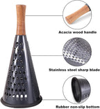 Cone Cheese Grater with Handle Stainless Steel Grater Triple Function Wood Handle Shredder Non-Slip Rubber Bottom Hand Held Multifunction Vegetables Grater Black 4-Size (Size S: 7.7" X 3.5" Black)
