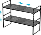 iPEGTOP 2 Pack Large Expandable Cabinet Storage Shelf, Heavy Duty Stackable Steel Metal Spice Rack Adjustable Height Home Office Pantry Garage Shelves for Counter Kitchen Organization, Black