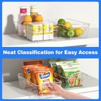 6 Pack Clear Refrigerator Storage Bins, Stackable Plastic Fridge Organizer Kitchen Pantry Storage Bins with Handles for Snacks, Freezer, Kitchen Cupboard, and Cabinet Organization