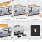 Toaster 4 Slice, KitchMix Bagel Stainless Toaster with LCD Timer, Extra Wide Slots, Dual Screen, Removal Crumb Tray (Stinless steel)