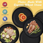 Wrova Wheat Straw Plates - 8 Inch Unbreakable Dinner Plates Set of 8 - Dishwasher & Microwave Safe Plastic Plates Reusable - Lightweight Plates for kitchen,R.V (pure black)