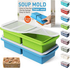 Silicone Freezer Tray with Lid Soup Freezer Container Molds with Steel Reinforced Rim Large Ice Cube Tray Makes 4 Perfect 2 Cup Portions Cubes Storage Food Ice Trays Kitchen Tools for Cooking 2 Pack