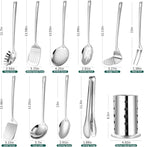 Lazycorner Kitchen Utensils Set, 11pcs Stainless Steel Cooking Utensils Set with Holder, Metal Kitchen Set for Cooking with Turners, Potato Masher, Spatula, Spoons, Pasta, Tongs