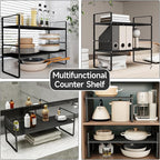 2Pack 16.5-27’’L Expandable Cabinet Shelf Organizers, Stackable Metal Shelves Extender for Kitchen Countertop Storage, Adjustable Spices Shelves Rack Stand for Cupboard Pantry, Black