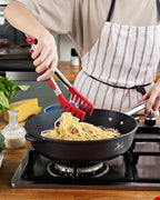 Silicone Spaghetti Spoon & Pasta Tong, Non-Stick Stainless Steel Handle Pasta Fork Set with Teeth, Food Clip for Easy Serving of Noodles (Red)
