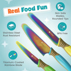 Kids Knife Set for Real Cooking | Skin Safe Chef Set for Ages 3+ with Rainbow Blades, Cutting Board, Scraper, Recipe Cards | Jr Chef Cooking Gift for Teens & Kids (16 Pcs)