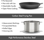 OXO Outdoor 8 Piece Camping Cookware Set, 10" Pre-Seasoned Carbon Steel Frying Pan Skillet, 2.25QT and 5QT Stainless Steel Saucepans with Lids, Removeable Handle, Trivet, Travel Bag, Space-Saving