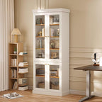 70.8" Bookshelf with Glass Doors, Farmhouse Modular Bookcase with 6-Tier Adjustable Shelves, Large Storage Cabinet for Living Room & Home Office, Set of 3, White