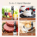 MegaWise Pro Titanium Reinforced 5-in-1 Immersion Hand Blender, Powerful Motor with 80% Sharper Blades, 12-Speed Corded Blender, Including 500ml Chopper, 600ml Beaker, Whisk and Milk Frother (Black)
