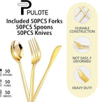 PULOTE 150PCS Gold Plastic Silverware Disposable - Heavy Duty Gold Plastic Cutlery - Gold Plastic Utensils Set Include 50 Knives,50 Forks,50 Spoons for Party&Wedding