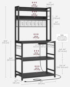 VASAGLE Hutch Bakers Rack with Power Outlet, 14 Hooks Microwave Stand, Adjustable Coffee Bar with Metal Wire Panel, Kitchen Storage Shelf, 15.7 x 31.5 x 66.9 Inches, Charcoal Gray and Ink Black