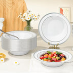 BESTVIP 200 Pack Plastic Bowls with Silver Rim, 12 oz Disposable Soup Bowls, Heavy-duty Dessert Fruit Bowl for Party, Wedding, Christmas, Thanksgiving, Dinner Catering