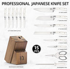 Knife Set, Premium 15 Piece Japanese High Carbon Stainless Steel Knives Set for Kitchen with Block and Sharpener, Razor Sharp Kitchen Knife Block Sets with Ergonomic Full-tang Handle, White