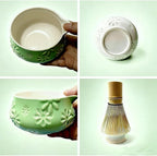 Matcha Whisk Set - Traditional Bamboo Chasen and Pale Green Ceramic Matcha Bowl with Spout, 6Pcs Complete Matcha Making Kit