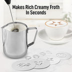 Zulay Kitchen Premium Gift Milk Frother Complete Set - Handheld Foam Maker, Stencils & Frothing Pitcher Set - Whisk Drink Mixer for Coffee - Mini Blender for Cappuccino, Frappe - Black
