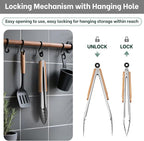 Beneno 12-Inch Food-Grade Stainless Steel Kitchen Tongs with Heat-Insulating Wooden Handle & Non-Slip Scalloped Tips, Heavy Duty Locking Food Tongs for Cooking, Grilling, BBQ and Serving
