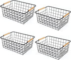Wire Basket 4 Pcs Wire Storage Baskets Wire Baskets Organizing with Wooden Handles Wire Basket Pantry Organization and Storage Metal Wire Food Storage Basket for Kitchen, Cabinets (Black 4PCS)
