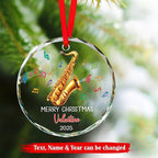 Saxophone Player Christmas Glass Ornament 2025, Personalized Text & Name Saxophonist Christmas Keepsake, Instrument Musical Xmas Ornament Gift for Saxophone Lover, Customized Musician Glass Ornaments
