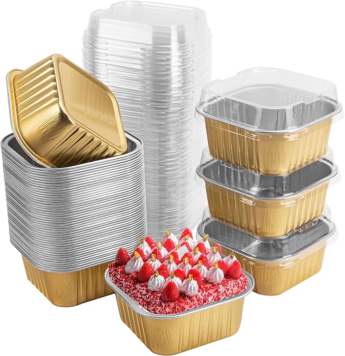 50 Pcs Mini Square Baking Cups with Lids,5oz Aluminum Foil Mini Cake Pans with Lids,Disposable Ramekins Cake Pans,150ml Dessert Cups Cupcake Pans for Wedding Birthday Party,Gold