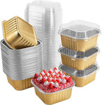 50 Pcs Mini Square Baking Cups with Lids,5oz Aluminum Foil Mini Cake Pans with Lids,Disposable Ramekins Cake Pans,150ml Dessert Cups Cupcake Pans for Wedding Birthday Party,Gold