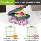 Ourokhome Veggie Chopper and Dicer with Container, Manual Hand Food Mandolin Slicer with 4 in 1 Handheld Vegetable Spiralizer for Zucchini, Potato, Onion, Essential Kitchen Gadgets (12 in 1, Gray)