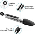 7-Inch Silicone Tongs Pack of 3, Small Tongs with Silicone Tips for Cooking, Barbecue, Buffet Serving (7", Black/Grey/White)