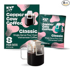 Copper Cow Coffee Premium Pour Over Single-Serve Vietnamese Coffee Pouches (8 pack) | Classic Black | Dark Roast | Convenient Vietnamese Ground Coffee Packets, Travel Friendly