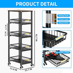 Fruit Vegetable Storage Basket for Kitchen, 5 Tier Large Pull-Out Metal Wire Baskets with 4 Pack Mats Bottom, Wood Top and Wheels, Vegetable Produce Bins Stand Cart Rack for Onions and Potatoes