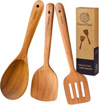 SarnThai Wooden Spoons for Cooking – 3 PCS Handcrafted Thai Teak Utensil Set, Stirring Spatula & Serving Spoon, Eco-Friendly, Ideal as Wok Spatula Wood