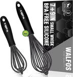 Walfos Silicone Whisk,7+9in Mini Whisk,BPA Free,Small Whisks for Non-Scratch,Heat Resistant (450°F) Nice for stirring individual eggs and mixing small amounts of powder and sauce.Dishwasher Safe.Black